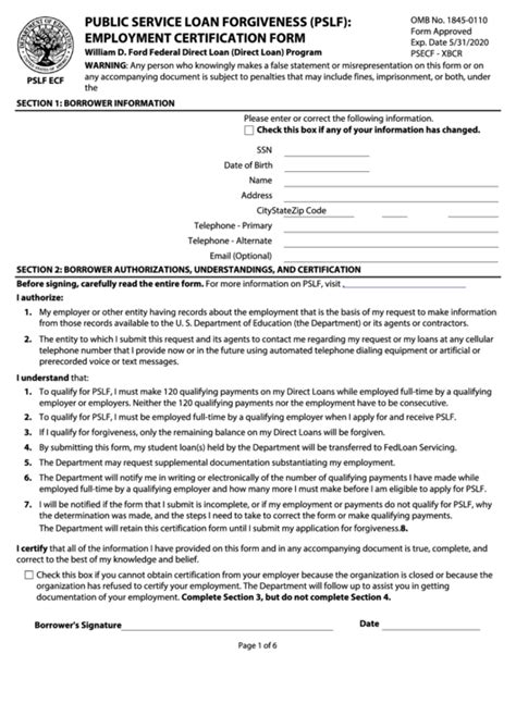 PSLF ECF. PUBLIC SERVICE LOAN FORGIVENESS (PSLF): EMPLOYMENT CERTIFICATION FORM . William D. Ford Federal Direct Loan (Direct Loan) Program WARNING: Any person who knowingly makes a false statement or misrepresentation on this form or on any accompanying document is subject to penalties that may include fines, imprisonment, or both, under. 