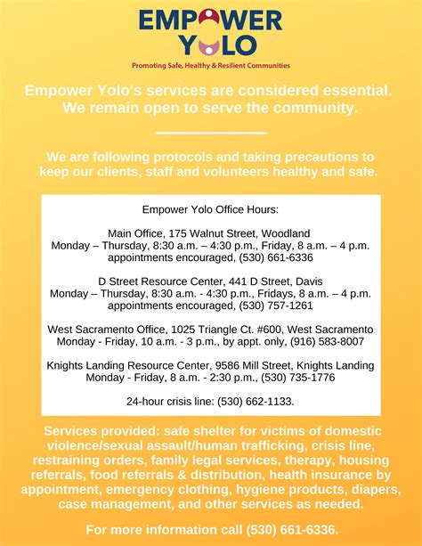 Empower yolo. Empower Yolo Main Line. 530-661-6336. Batterer’s Intervention Program (BIP) is Empower Yolo’s certified, 52-Week Batterer’s Intervention Program, in compliance with penal code 1203.097 and monitored by probation. Voluntary clients and other referral sources are accepted. Step1: All prospective Court mandated … 