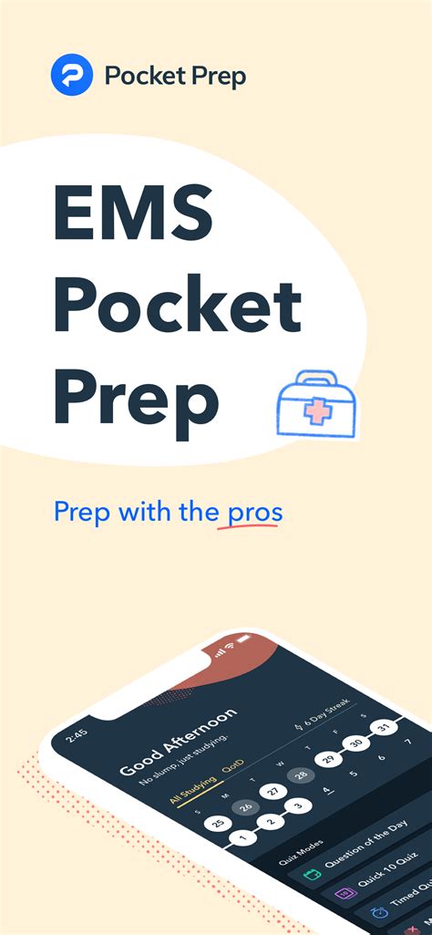 App Name: EMS Pocket Prep. Desc: Hundreds of exam practice questions at your fingertips. We are Pocket Prep, makers of high-quality exam prep built by industry experts and designed to help you pass your exam. EMS Pocket Prep gives you access to study prep for 6 different emergency services exams all in one place, with 500-1000 practice .... 