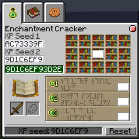 Enchantment cracker. Added bookshelf count to enchantment table screen while doing enchantment cracking. Display the predicted enchantment cracking when starting to throw items. Properly constrained the allowed enchantments in /cenchant, and in /cfish for 1.19 and below servers. 