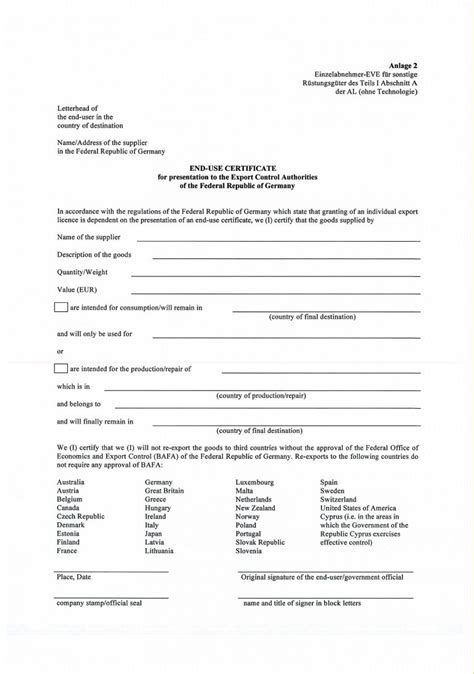 End Use Certificate for Export Control Authorities