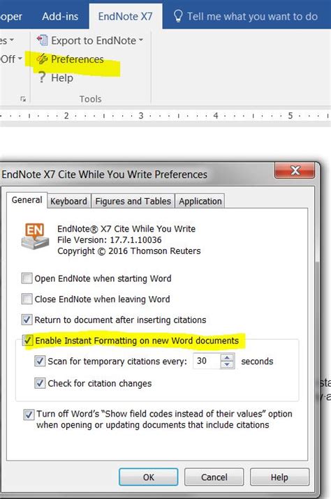 EndNote: Instant Formatting settings in Word