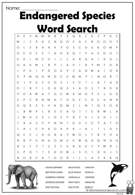 Endangered Animals Word Search- Monster Word Search