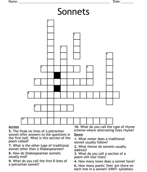 sonnet crossword Crossword Clue. The Crossword Solver found 30 answers to "sonnet crossword", 4 letters crossword clue. The Crossword Solver finds answers to classic crosswords and cryptic crossword puzzles. Enter the length or pattern for better results. Click the answer to find similar crossword clues . Enter a Crossword Clue. Sort by Length.. 