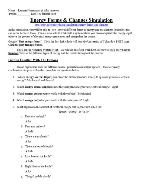 Energy Forms And Changes Simulation Answer Key Pdf