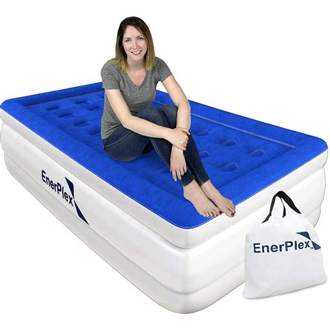 Enerplex twin air mattress. FAST USE: Our twin air mattress with built in pump inflates in under 2 min. If camping or traveling, use a portable battery pack or car outlet adapter alongside the pump to inflate. HIGH-QUALITY: Designed with puncture-resistant PVC, this 16" raised inflatable bed has a premium comfort top flocking to prevent leaking and provide non-slip ... 
