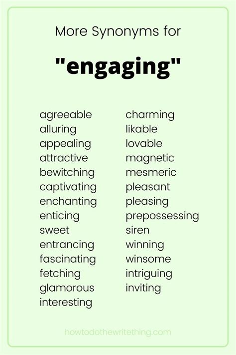Find 125 synonyms and antonyms for engaging, a word that means pleasing to the eye or mind, keeping engaged, or entering into conflict with. See examples of how to use …. 