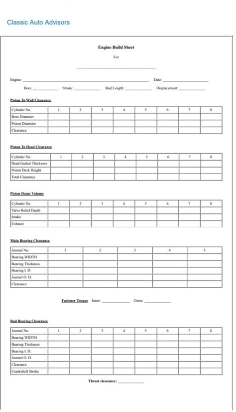 Engine Assembly Build Sheet