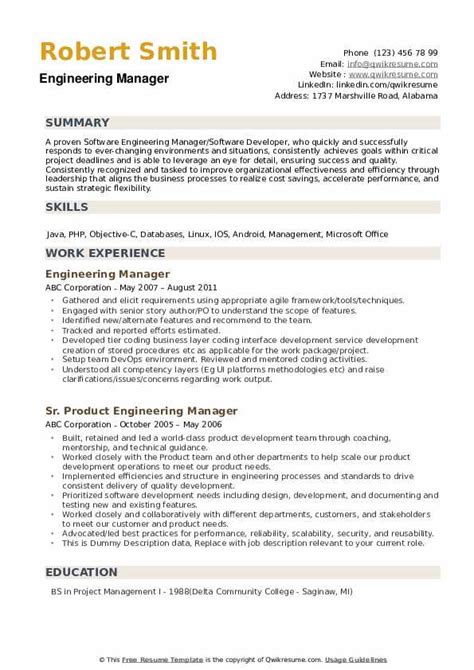 Engineering manager resume. The engineering manager resume sample does not include certifications, but the candidate brings up their technical abilities under qualifications. Conclusion. Creating a resume that is as dynamic and multifaceted as you are requires attention to each of the roles you must play in the position of an engineering manager. With a growth rate of ... 