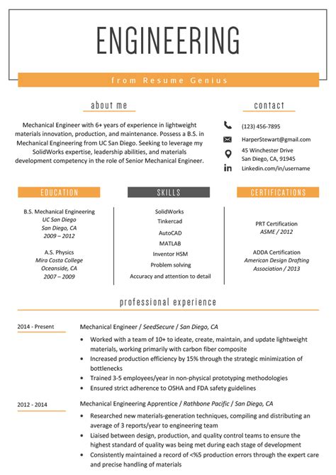 Engineering resume template. Engineering CV example Complete guide Create a Perfect CV in 5 minutes using our CV Examples & Templates. ... With dozens of occupation-specific CV examples and writing guides, Resume.io is an expert resource for job seekers in every field and at every experience level. 