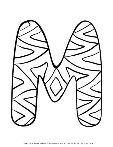 English Alphabet Capital M with Pattern Coloring Page Planerium