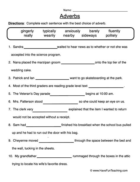 English Grammar Adverb Worksheet For Class 3 Fill in Blanks 3rd