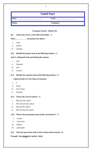 English Grammar Test Papers For Grade 4