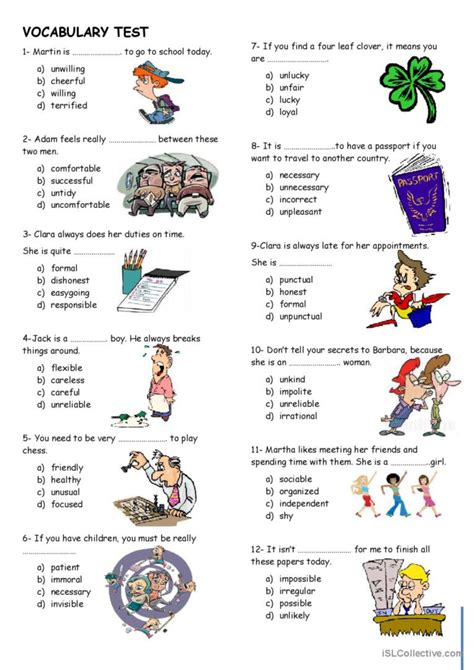 English Worksheets for Children with Vocabulary Test Learning Printable