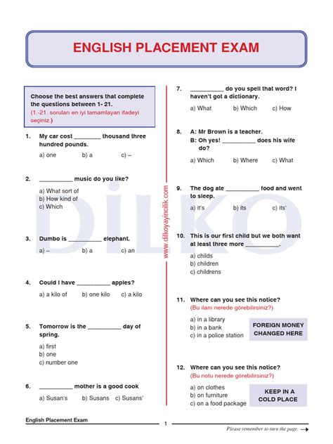 English placement test pdf with answers.  The document is an English level plac...