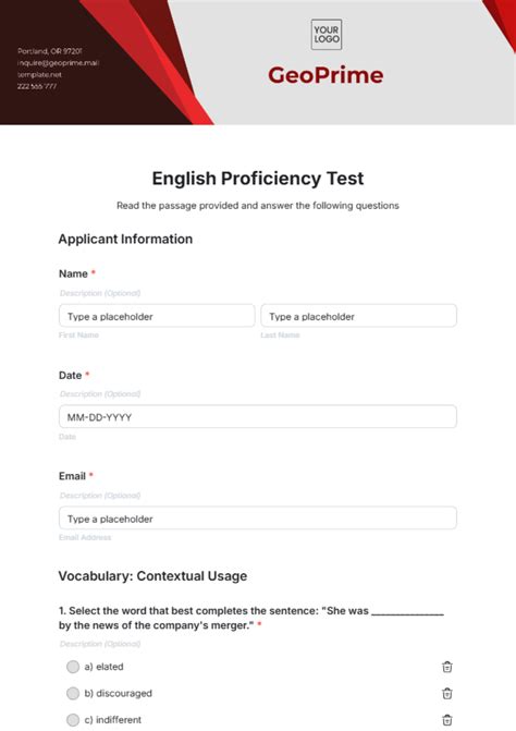 English proficiency test example.  Please note: this is not an official exam.  Free Online...