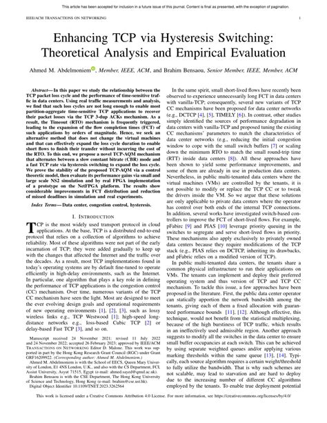 Enhancing TCP via Hysteresis Switching: Theoretical Analysis and ...