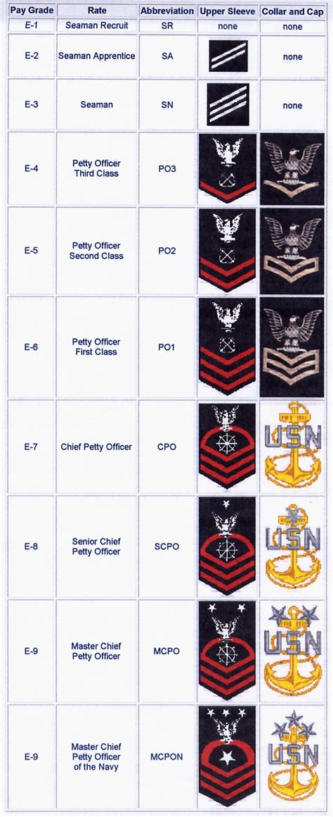 Enlisted navy ranks. Military rank is a badge of leadership. Responsibility for personnel, equipment and mission grows with each advancement. Do not confuse rank with paygrades, such as E-1, W-2 and O-5. Paygrades are ... 