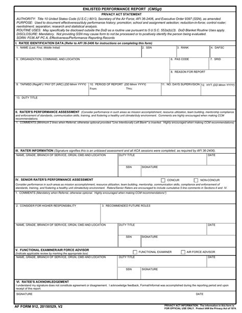 The AF Form 912 is a document used by the United States Air Force to evaluate its enlisted personnel. It specifically pertains to Chief Master Sergeants (CMSgts), who are the highest-ranking enlisted members of the Air Force. The form serves as an evaluation tool for their performance, character, and potential for further advancement within the ...