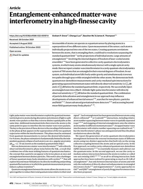 Entanglement enhanced matter wave interferometry in a high finesse cavity Nature