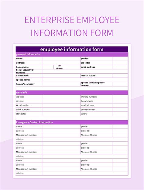 Enterprise Employee Information Form Excel Template And Google Sheets