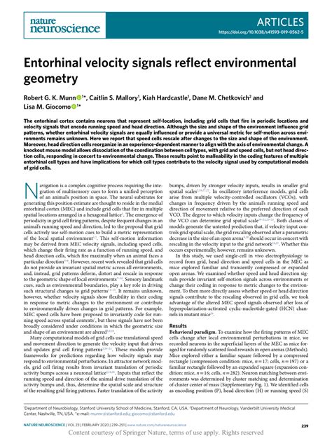 Entorhinal Velocity Signals Reflect Environmental Geometry Nature Neuroscience