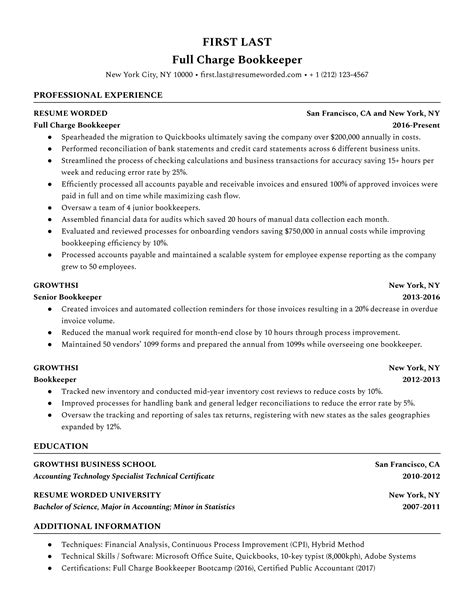 Entry Level Bookkeeper Resume Example for 2022 Resume Worded