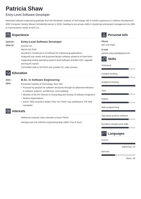 Entry Level Software Engineer Resume task list templates