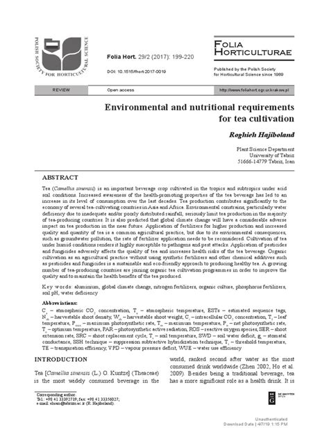 Environmental and Nutritional Requirements for Tea Cultivation