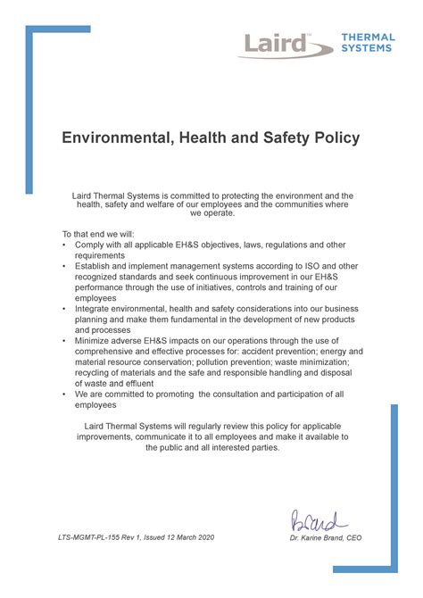 Environmental Health and Safety Policy Our Credo is the foundation of our Environmental Health and Safety (EH&S) Policy. Our commitment to employee safety and environmental health is grounded in Our Credo, which states our obligation to ensure working conditions are “clean, orderly and safe,” and that “we must maintain in good . 
