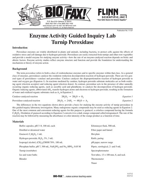 Enzyme activity guided inquiry lab turnip peroxidase. - Biology study guide answers exercise 7.