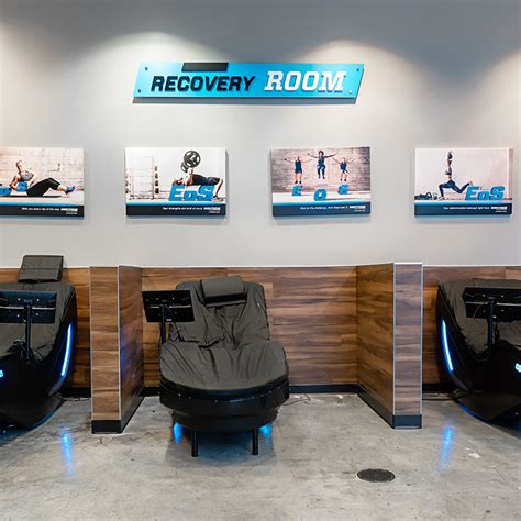 Eos recovery room. Mountainside Fitness offers premium amenities including a recovery room with massage chairs to help members relax their muscles and unwind after a workout. 