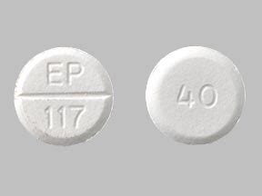 Pill Identifier results for "ep 117 White". Search by imprint, shape, color or drug name. ... 1 of 1 for "ep 117 White" 1 / 3 Loading. EP 117 40. Previous Next. Furosemide Strength 40 mg Imprint EP 117 40 Color White Shape Round View details. Can't find what you're looking for? How to use the pill identifier Enter the imprint code that appears .... 