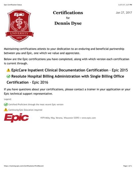 Epic Certification Status