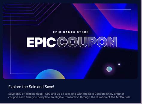 Epic games coupon. 33% Off $15+. +46. 15,579 Views 25 Comments Share Deal. Epic Games offers their Account Holders ( free to join ): 33% Off $14.99+ Eligible Purchases. Thanks to Deal Editor SlickDealio for finding this deal. Note: The 33% Epic Coupon is automatically applied to eligible transactions by Epic Games account holders at checkout. 
