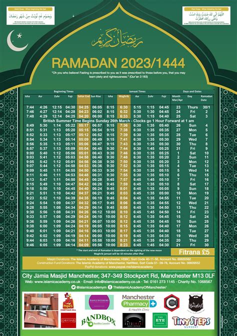 Ramadan Calendar. Ramadan Calendar 2024; Ramadan Calendar 2025; ... 01 Ramaḍān, 1444 (23 March, 2023) 04:05 (GMT) 06:05 (GMT) 12:16 (GMT) 15:34 (GMT) 18:27 (GMT .... 
