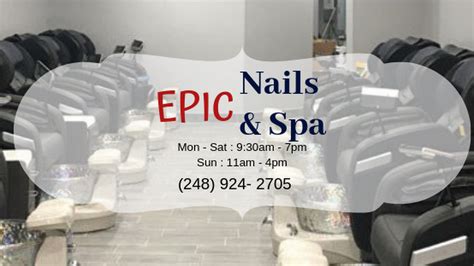 Epic nail spa llc. Epic is a non-toxic, fume-free nail bar and was created as a response to the lack of skilled and professional nail and beauty services. We are a one-of-a-kind concept and our goal is to design an inviting fun environment where clients can relax and enjoy expert services in a comfortable and social setting. make appointment. 