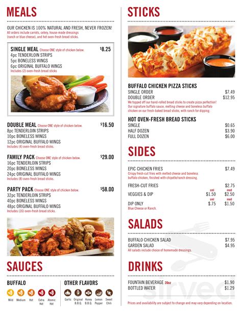 Specialties: Check out our epic menu! Choose Single or Double Meals with Tenderloin Strips or Original Buffalo Wings always served fresh-never frozen. Meals come with fresh-cut carrots & celery, homemade dips, and oven-fresh breadsticks. Spice it up with sauces ranging from Mild to Atomic, BBQ, Garlic Parmesan, and more. Try Epic Pizza Sticks …