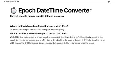 Epoch converter.  Convert epoch to date, human-readable time with timezone support.  There is...