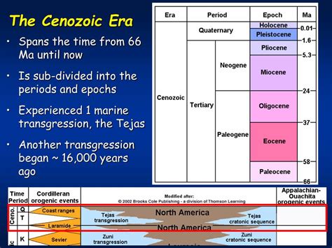 The Cenozoic is divided into three periods: the Paleogene, Neogene, and Quaternary; and seven epochs: the Paleocene, Eocene, Oligocene, Miocene, ... Paleogene. The Paleogene spans from the extinction of non-avian dinosaurs, 66 million years ago, to the dawn of the Neogene, 23.03 million years ago. ... . 