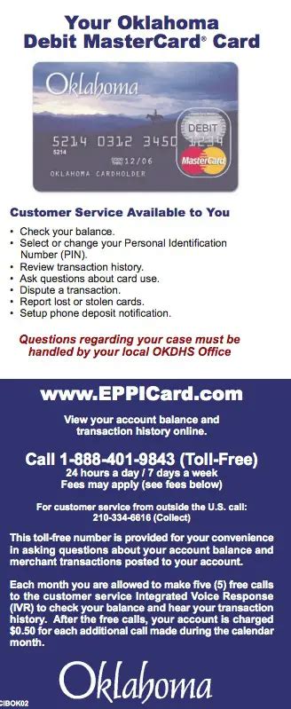 Eppicard ok. EPPICard.com 1-866-461-4094 International Calls: 1-801-352-3278 (Collect) Access to website and Customer Service telephone number is available 24 hours a day, 7 days a week. You are allowed unlimited calls for no fee per month. Access to EPPICard.com is always free. EPPICard.com Convenient Cash Access 