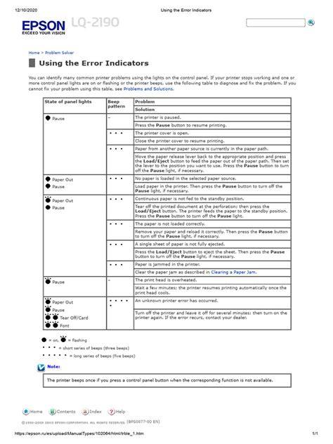 Epson printer error codes list.  Each error code is accompanied by a description of the error ...