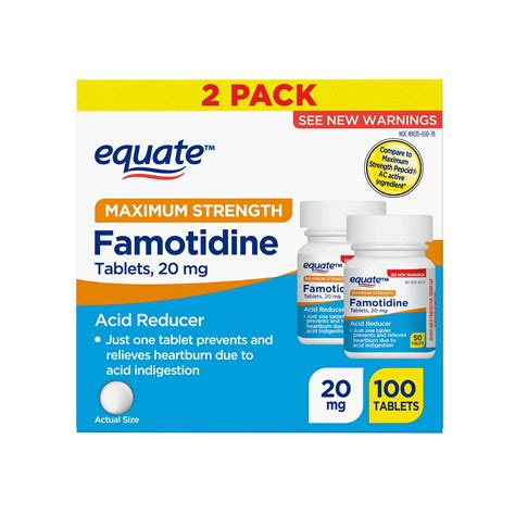 Equate famotidine. With a complete range of products and simple solutions, Equate allows you to take care of your family with confidence. Equate Original Strength Famotidine Tablets, 10 mg, 30 Count: Original strength Famotidine acid reducer tablets. Just 1 tablet prevents and relieves heartburn due to acid indigestion. Suitable for adults and children 12 years ... 