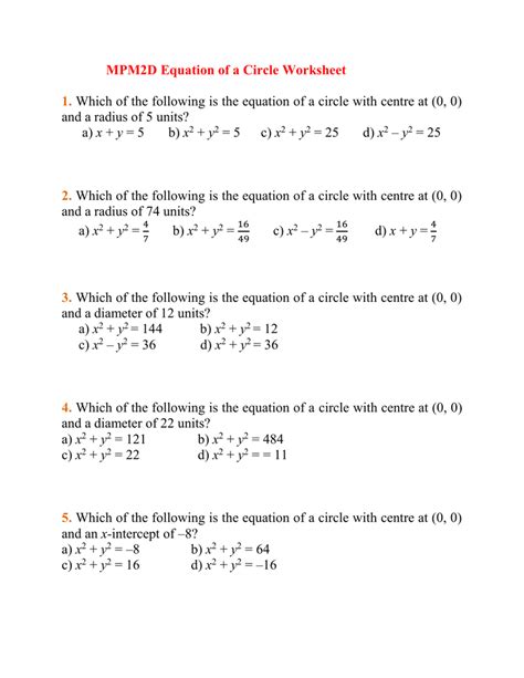 Equation Of A Circle Practice Worksheet Answers Tessshebaylo