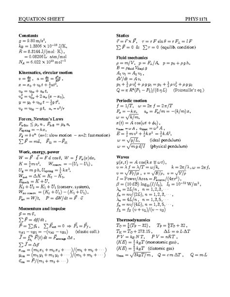 Equation Sheet Final Test Phys 1171 Lab For Physics 1171 Studocu