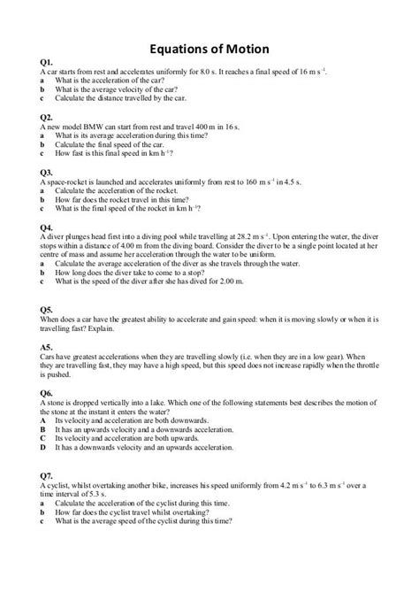 Equations of Motion Worksheet