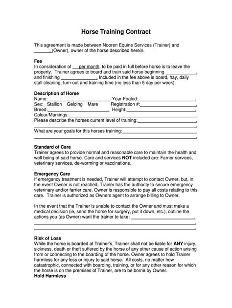 Equine boarding and training contract in Word and Pdf formats