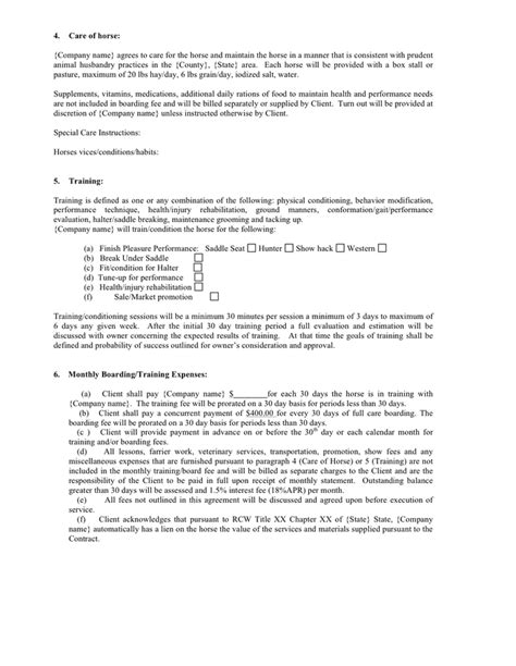Equine boarding and training contract in Word and Pdf formats page 2 of 4