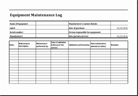 Equipment Log MS Excel Templates