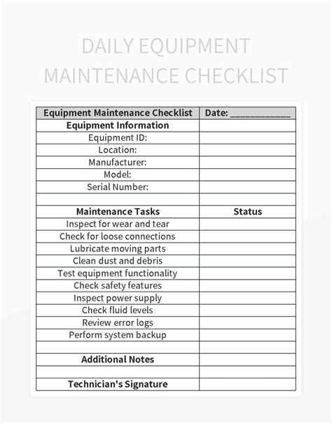 Equipment Maintenance Checklist Excel MS Excel Templates